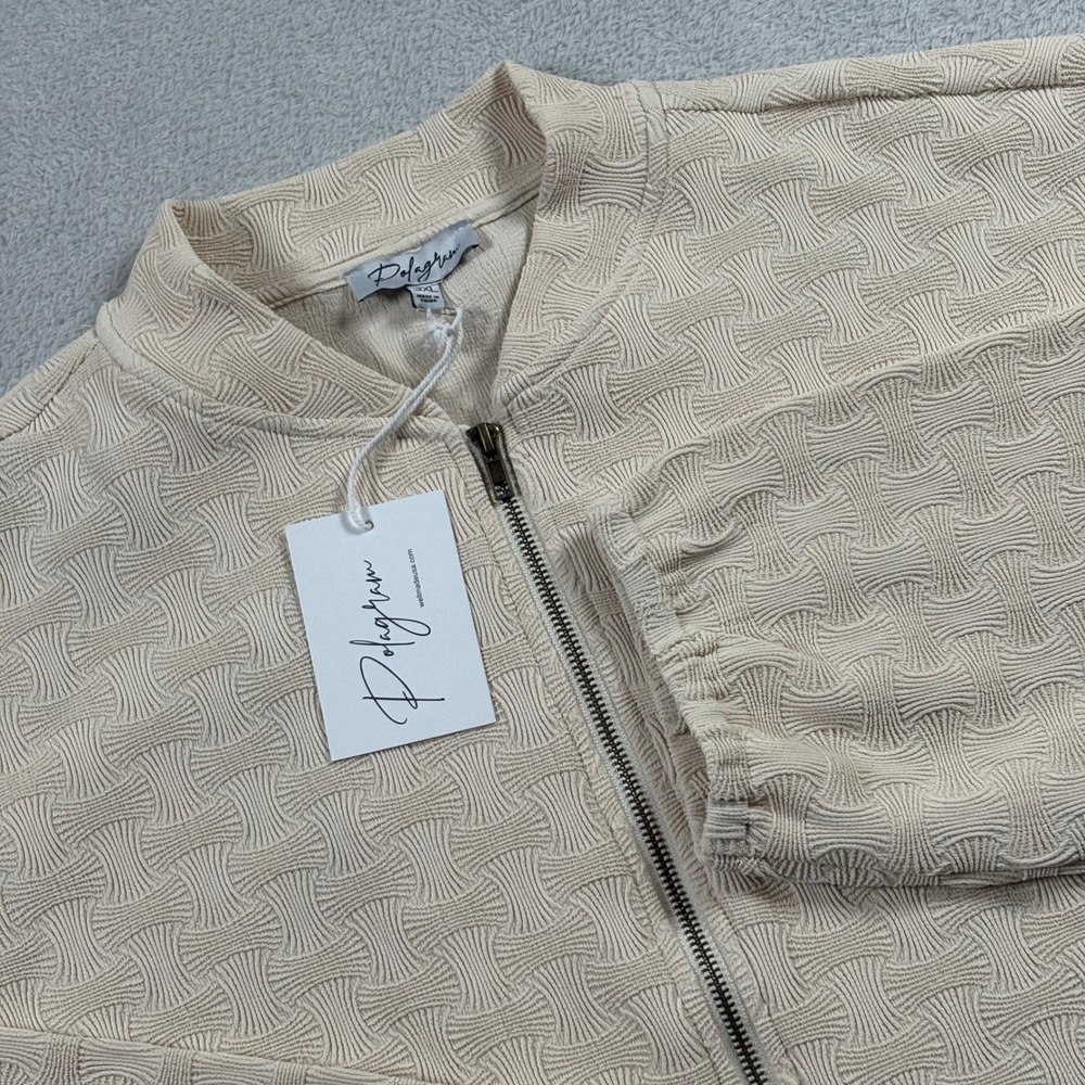 Polagram Women Beige Textured Basketweave Zip Up Jacket Crop Ties Casual 3XL